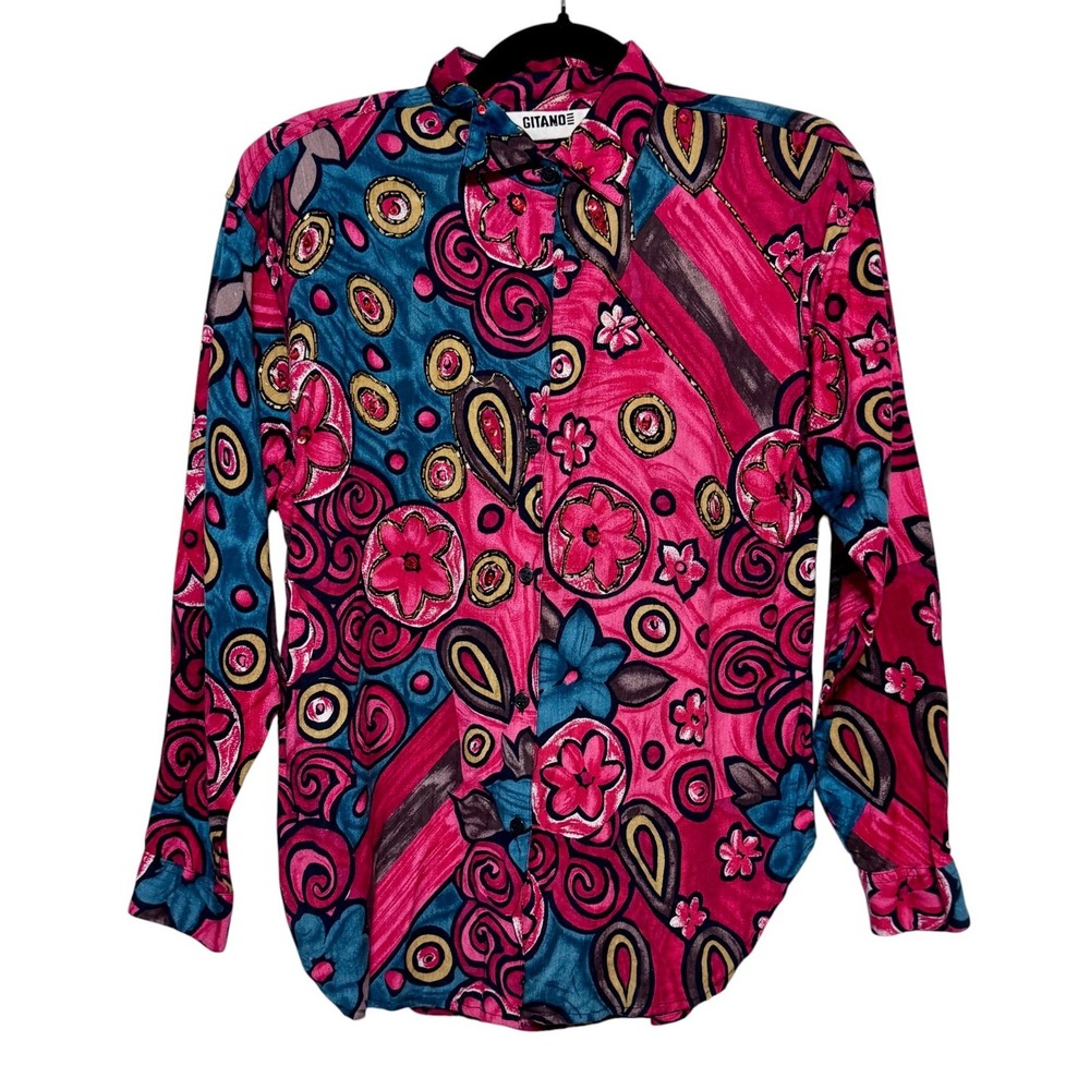 Vtg Y2K‎ Gitano Psychedelic Beaded Womens Button Down Shirt M Boho Maximalist